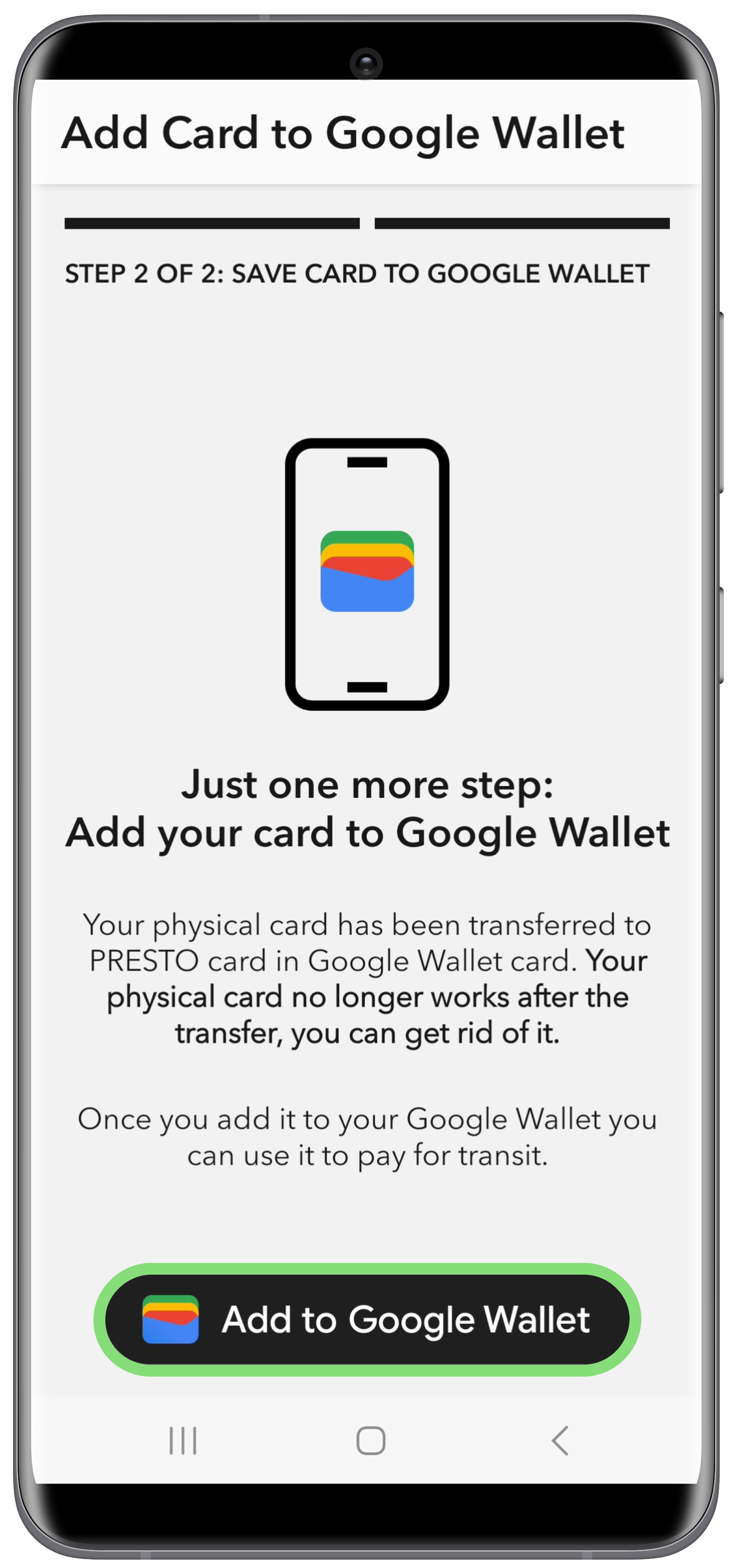 How to convert a physical PRESTO card using the PRESTO app Step 5 Screenshot