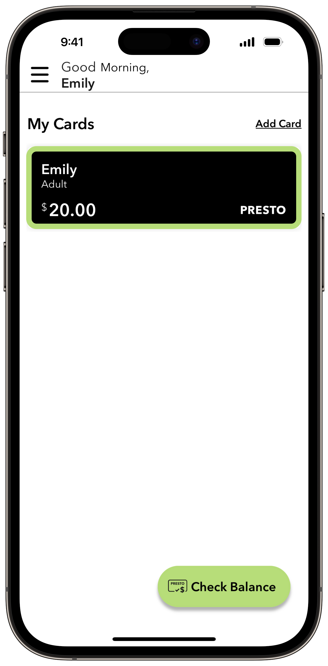 How to convert a physical PRESTO card using the PRESTO app Step 1 Screenshot
